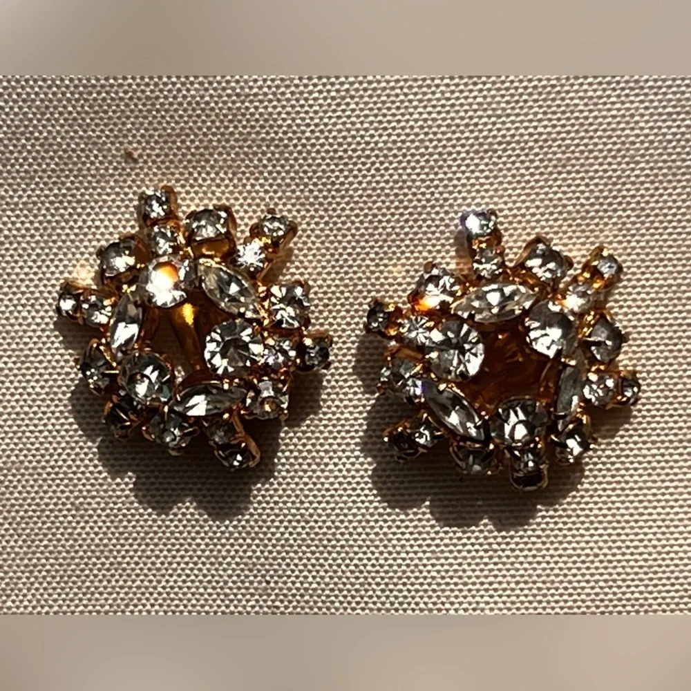 Kramer New York  1950's Gold Plated Brass Filagree  Earrings with Rhinestone